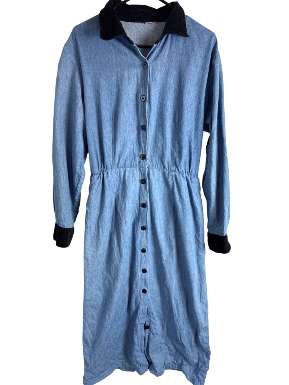 Vintage Button Denim Dress Black Corduroy Elastic Waist Teacher Librarian